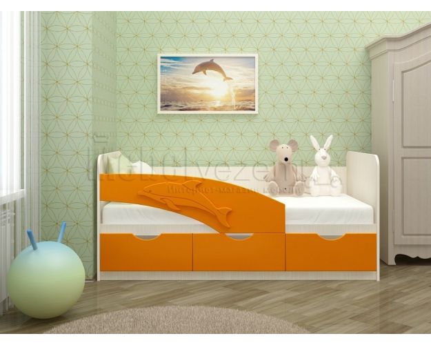 Дельфин-3 Кровать детская 3 ящика без ручек 1.6 Оранжевый глянец