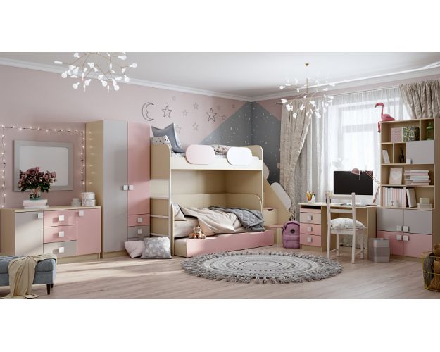 Кровать Грэйси 1650х750 (Розовый/Серый/корпус Клен)