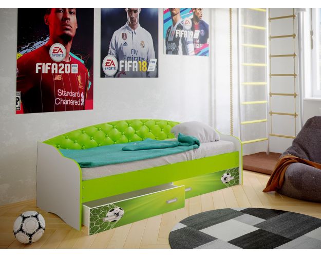 Кровать Софа-8 с мягкой спинкой фотопечать Футбол (900х2000) Белый/Лайм